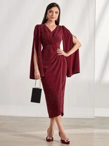 Modelyn Burgundy Red Surplice Neck Split Sleeve Glitter Dress Maxi Women Outfit - Burgundy - View 1