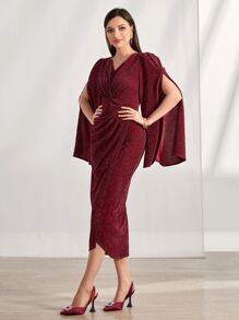 Modelyn Burgundy Red Surplice Neck Split Sleeve Glitter Dress Maxi Women Outfit - Burgundy - View 3
