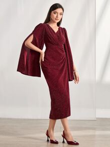 Modelyn Burgundy Red Surplice Neck Split Sleeve Glitter Dress Maxi Women Outfit - Burgundy - View 4