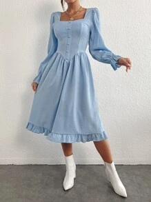 SHEIN Privé Square Neck Flounce Sleeve Ruffle Hem Dress - Baby Blue - View 3