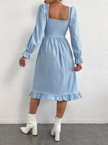 SHEIN Privé Square Neck Flounce Sleeve Ruffle Hem Dress - Baby Blue - View 4