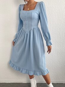 SHEIN Privé Square Neck Flounce Sleeve Ruffle Hem Dress - Baby Blue - View 2