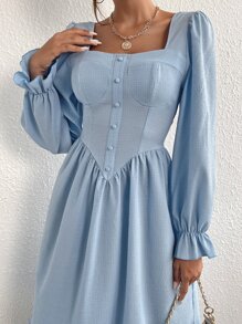 SHEIN Privé Square Neck Flounce Sleeve Ruffle Hem Dress - Baby Blue - View 5
