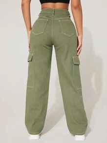 SHEIN PETITE 高腰翻蓋口袋工裝牛仔褲 - 軍綠色 - 查看 2