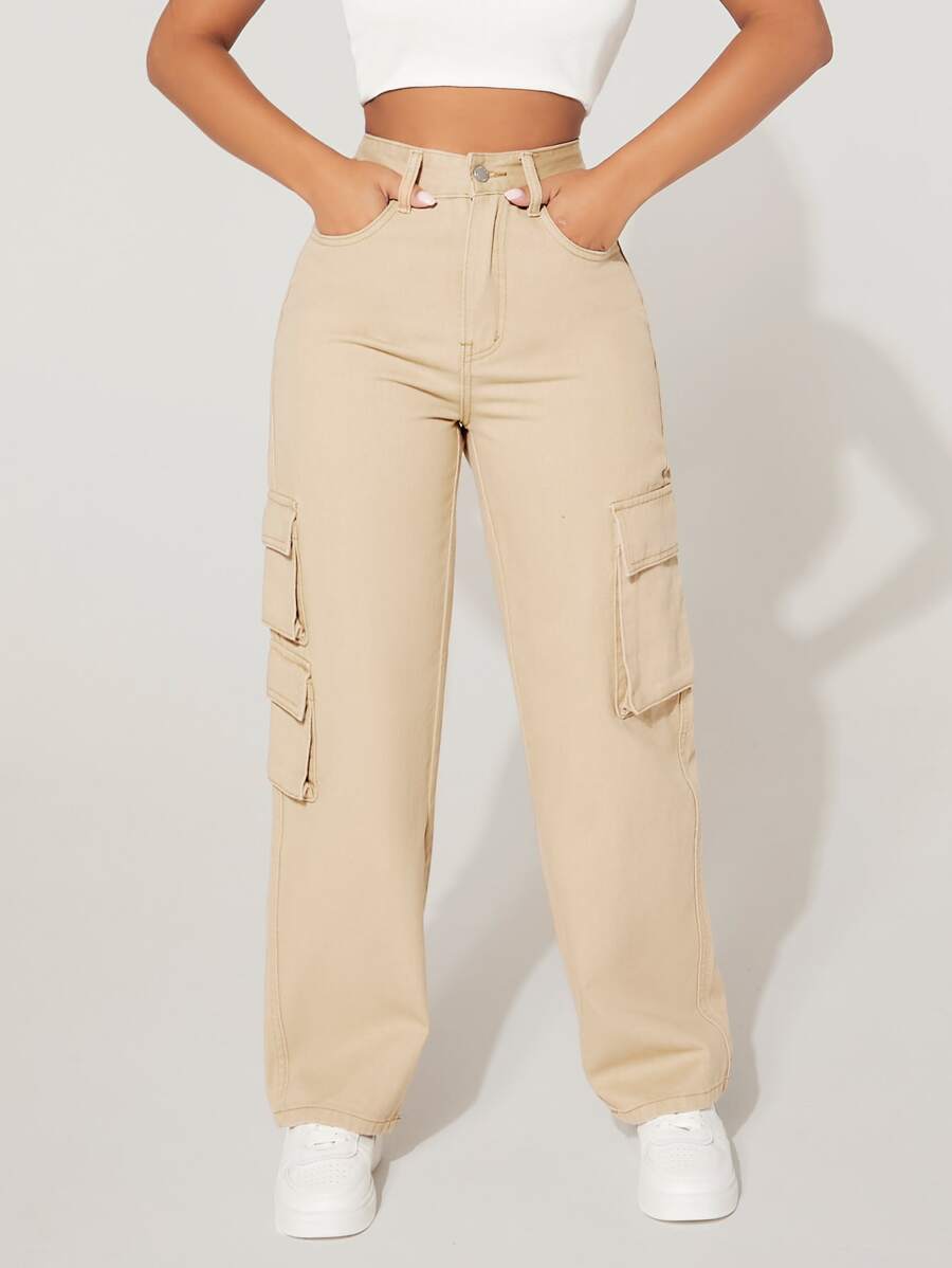 SHEIN PETITE Flap Pocket Side Cargo Jeans - Beige - View 1