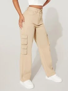 SHEIN PETITE Flap Pocket Side Cargo Jeans - Beige - View 2