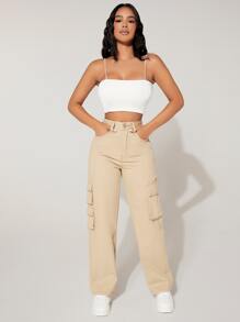 SHEIN PETITE Flap Pocket Side Cargo Jeans - Beige - View 3