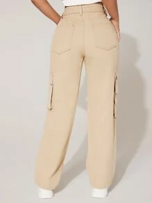 SHEIN PETITE Flap Pocket Side Cargo Jeans - Beige - View 4