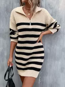 SHEIN Essnce Ladies áo len váy Dây kéo Sọc Giải trí - Màu be - Xem 1