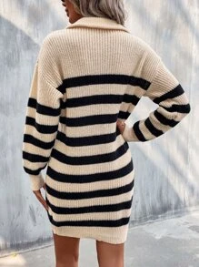 SHEIN Essnce Ladies áo len váy Dây kéo Sọc Giải trí - Màu be - Xem 2
