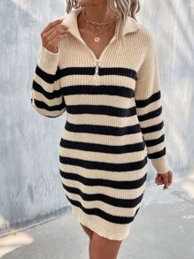 SHEIN Essnce Ladies áo len váy Dây kéo Sọc Giải trí - Màu be - Xem 4