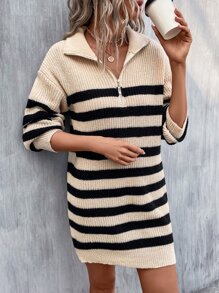 SHEIN Essnce Ladies áo len váy Dây kéo Sọc Giải trí - Màu be - Xem 6