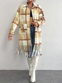 SHEIN Unity Plaid Fringe Trim Dual Pocket Drop Shoulder Overcoat Fall Cloth For Women - Multicolor - View 1