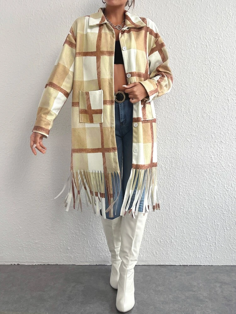 Plaid Fringe Trim Dual Pocket Drop Shoulder Overcoat Fall Cloth For Women