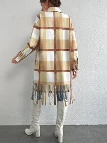 SHEIN Unity Plaid Fringe Trim Dual Pocket Drop Shoulder Overcoat Fall Cloth For Women - Multicolor - View 4