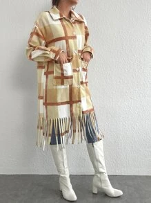 SHEIN Unity Plaid Fringe Trim Dual Pocket Drop Shoulder Overcoat Fall Cloth For Women - Multicolor - View 2