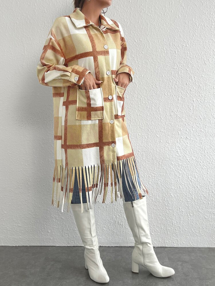 Plaid Fringe Trim Dual Pocket Drop Shoulder Overcoat Fall Cloth For Women