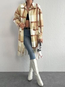 SHEIN Unity Plaid Fringe Trim Dual Pocket Drop Shoulder Overcoat Fall Cloth For Women - Multicolor - View 3