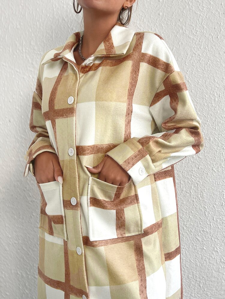 Plaid Fringe Trim Dual Pocket Drop Shoulder Overcoat Fall Cloth For Women