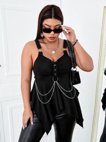 ROMWE PUNK Plus O-ring Strap Detail Asymmetrical Hem Cami Top - Black - View 1