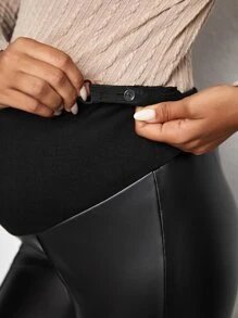 SHEIN Maternity Adjustable Waist PU Leggings, For Winter - Black - View 6