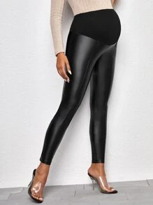 SHEIN Maternity Adjustable Waist PU Leggings, For Winter - Black - View 3
