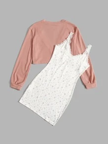 ROMWE Kawaii Solid Button Front Top & Ditsy Floral Dress - Multicolor - View 2