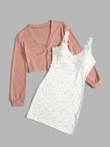 ROMWE Kawaii Solid Button Front Top & Ditsy Floral Dress - Multicolor - View 3