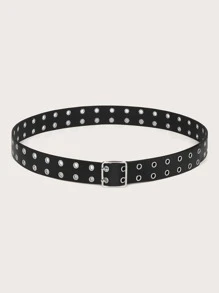 Eyelet Decor Square Buckle Belt - Black - View 2