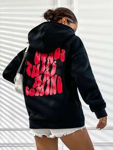 SHEIN Unity Slogan Graphic Drop Shoulder Drawstring Thermal Lined Hoodie - Black - View 2