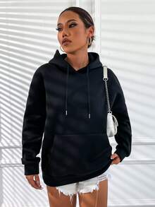 SHEIN Unity Slogan Graphic Drop Shoulder Drawstring Thermal Lined Hoodie - Black - View 5