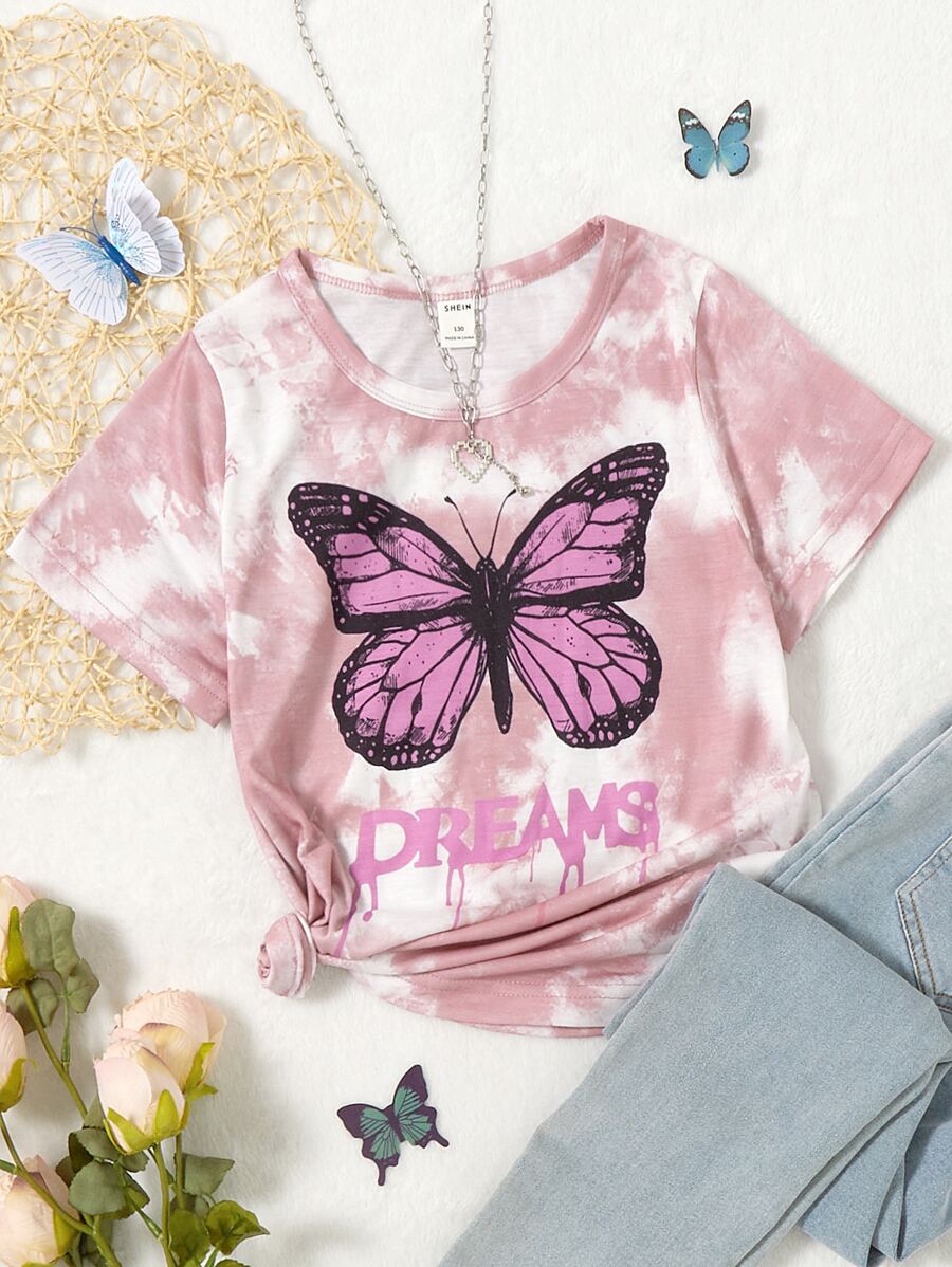 Girls Letter & Butterfly Print Tee - Pink - View 1