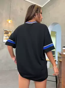 SHEIN MOOSTA Letter Graphic Striped Trim Drop Shoulder Tee Graphic Tees Women Tops - Black - View 2