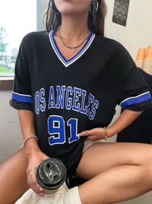 SHEIN MOOSTA Letter Graphic Striped Trim Drop Shoulder Tee Graphic Tees Women Tops - Black - View 4