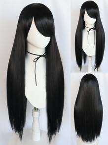 Natural Long Straight Cosplay Synthetic Wig With Bangs & 1pc Wig Cap - Black - View 1
