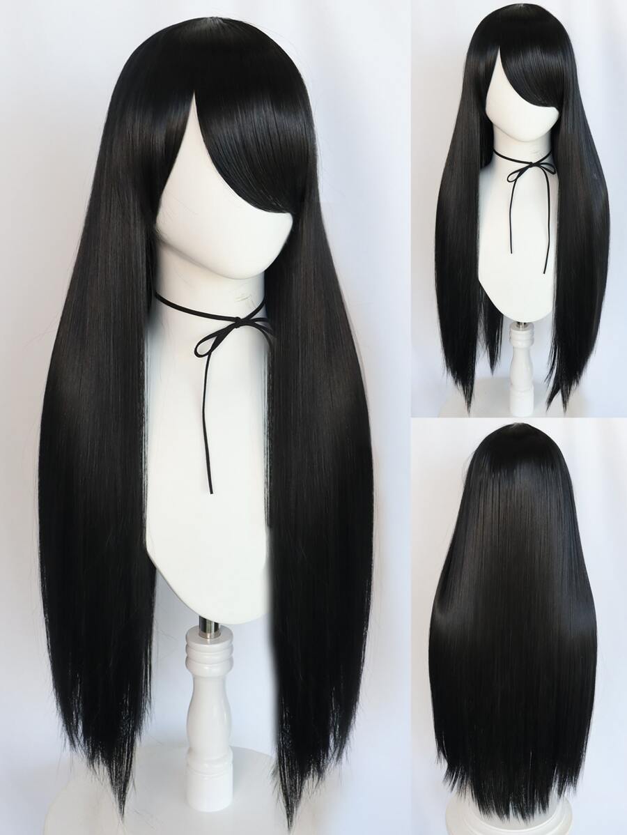 Natural Long Straight Cosplay Synthetic Wig With Bangs & 1pc Wig Cap - Black - View 1
