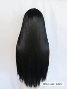 Natural Long Straight Cosplay Synthetic Wig With Bangs & 1pc Wig Cap - Black - View 2