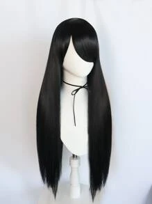 Natural Long Straight Cosplay Synthetic Wig With Bangs & 1pc Wig Cap - Black - View 3