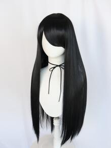 Natural Long Straight Cosplay Synthetic Wig With Bangs & 1pc Wig Cap - Black - View 5