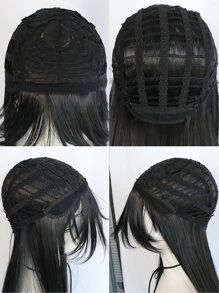 Natural Long Straight Cosplay Synthetic Wig With Bangs & 1pc Wig Cap - Black - View 7