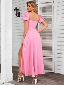 PARTHEA Đầm tay cánh hoa buộc dây phía trước, trễ vai, xẻ cao - Hồng - Xem 2