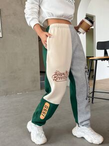 SHEIN MOOSTA Pantalones deportivos con estampado de montaña y letra de color combinado - Multicolor - Ver 3