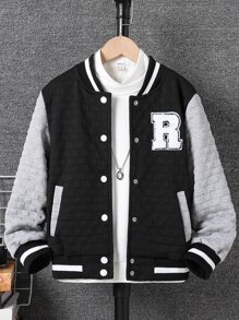 Boys 1pc Letter Patched Striped Trim Varsity Jacket - Black - View 1
