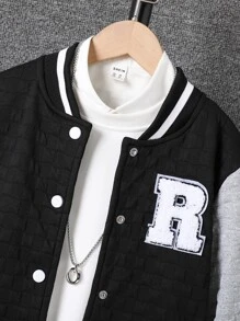 Boys 1pc Letter Patched Striped Trim Varsity Jacket - Black - View 3