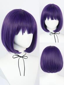 合成紫色短鲍勃角色扮演假发，带刘海，适合万圣节派对服装假发，短直紫色假发，女士无胶耐热纤维替换发，适合感恩节圣诞节礼物，基本款新款角色扮演女性服装配饰 - 紫色 - 查看 2