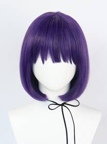 合成紫色短鲍勃角色扮演假发，带刘海，适合万圣节派对服装假发，短直紫色假发，女士无胶耐热纤维替换发，适合感恩节圣诞节礼物，基本款新款角色扮演女性服装配饰 - 紫色 - 查看 4
