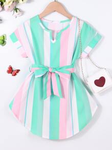 SHEIN Young Girl Vertical Striped Curved Hem Notched Neck Belted Dress - Multicolor - View 1