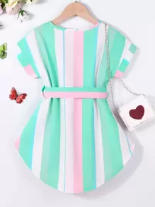 SHEIN Young Girl Vertical Striped Curved Hem Notched Neck Belted Dress - Multicolor - View 2
