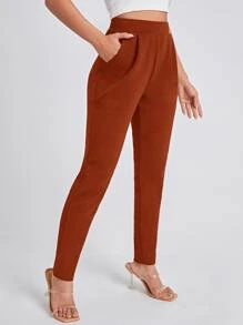 SHEIN Essnce 素色斜口袋緊身褲 - 鏽棕色 - 查看 2