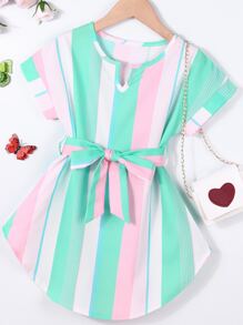 SHEIN Young Girl Vertical Striped Curved Hem Notched Neck Belted Dress - Multicolor - View 5